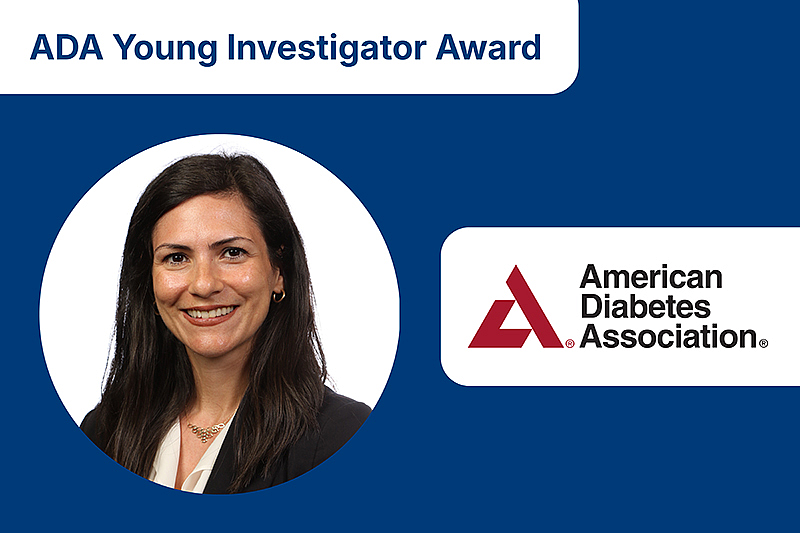 Porträt einer lächelnden Frau mit dunklen Haaren vor blauem Hintergrund mit Text 'ADA Young Investigator Award' und Logo der American Diabetes Association