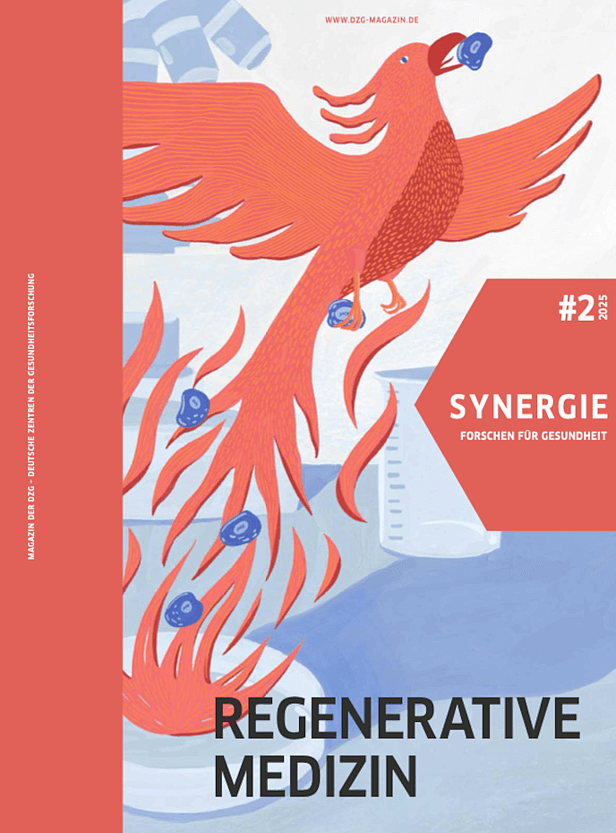 Illustration eines roten Phönix, der blaue Zellen in ein Reagenzglas fallen lässt, auf dem Cover eines Magazins mit dem Titel 'Regenerative Medizin'.