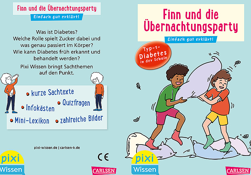 Zeichnung von zwei Kindern, die eine Kissenschlacht machen, daneben Text zu Diabetes mit Stichpunkten und Logos von Pixi Wissen und Carlsen.